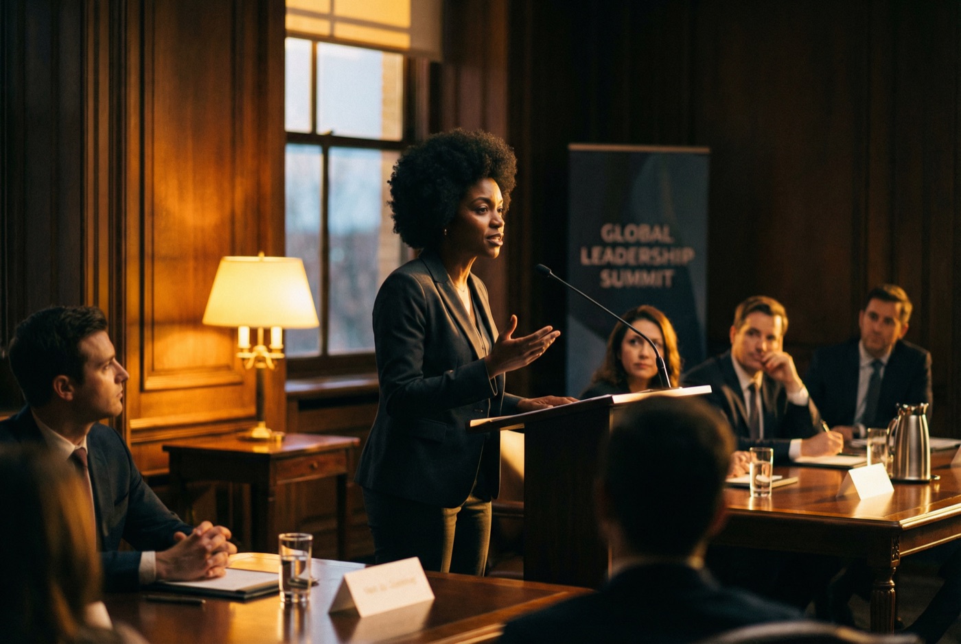 Woman leading a global leadership summit session